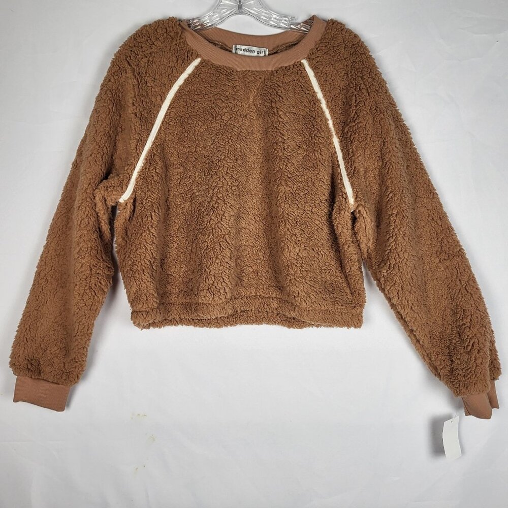 Madden Girl Cropped‎ Sherpa Sweatshirt Women's XL Brown Fuzzy Leisure NWT